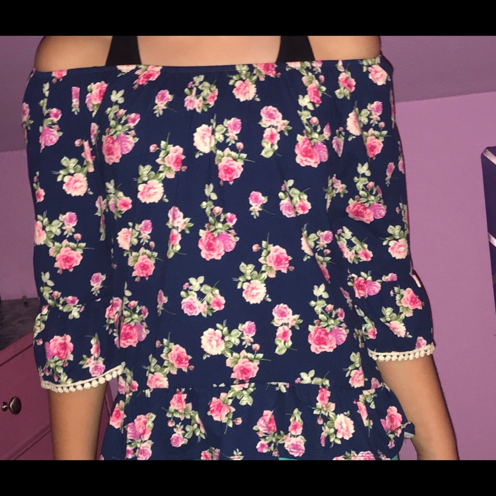 Of the shoulder blue floral top